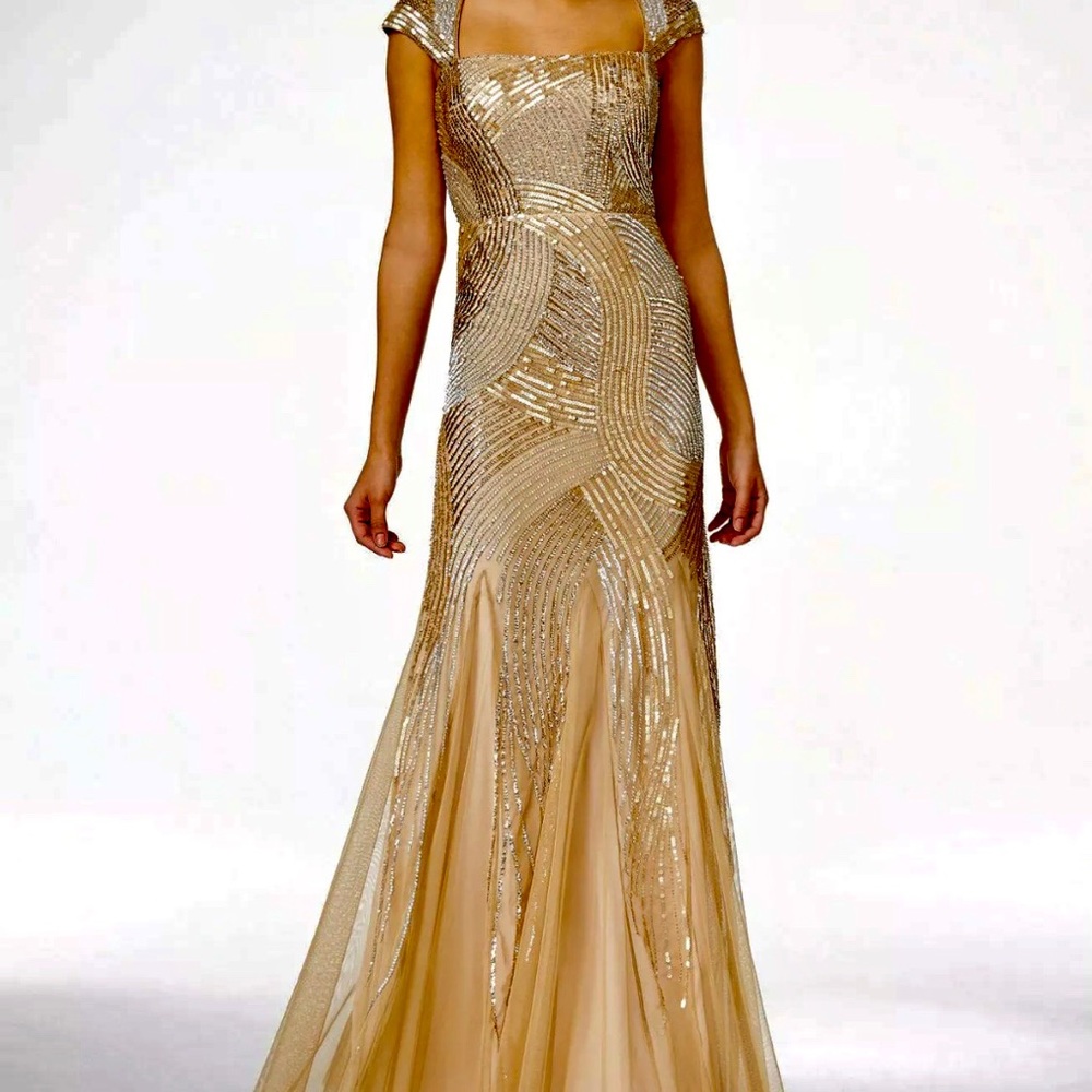 Adrianna Papell silver sequin maxi dress gown